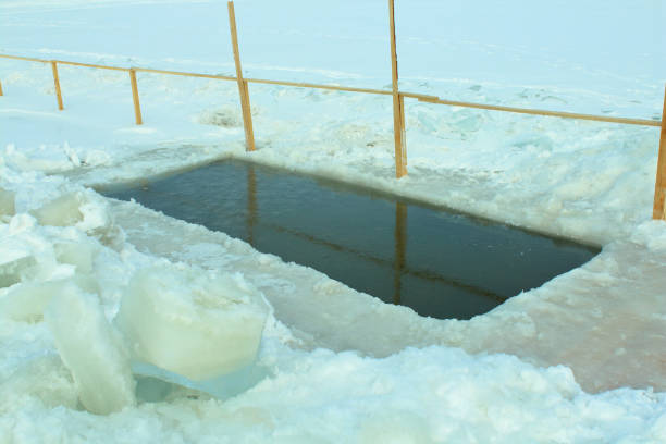 hole in the pond for swimming. close-up. background. - ice bath in natural frozen lake bildbanksfoton och bilder