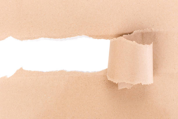 Hole ripped in brown paper on white background. stock photo