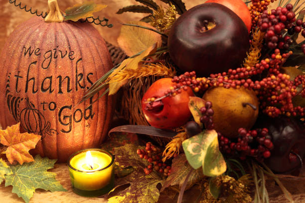 Holiday: Give Thanks to God on Thanksgiving pumpkin stock photo