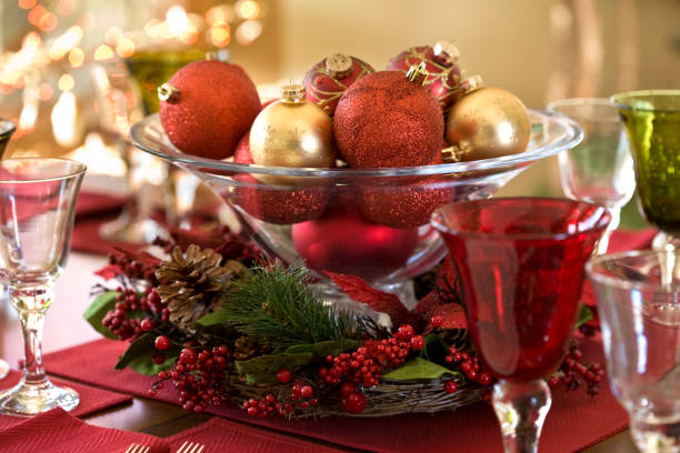 Holiday Table (XL) A lovely decorated table setting with a centerpiece full of Christmas baubles.PLEASE CLICK ON THE IMAGE BELOW TO SEE OTHER CHRISTMAS & HOLIDAY IMAGES IN MY PORTFOLIO: centerpiece stock pictures, royalty-free photos & images