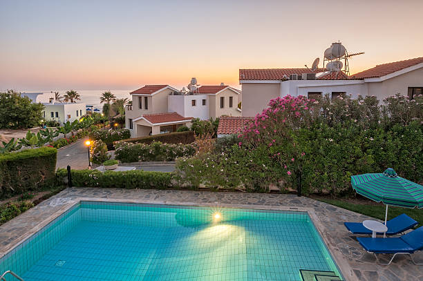 Holiday villas in sunset light stock photo