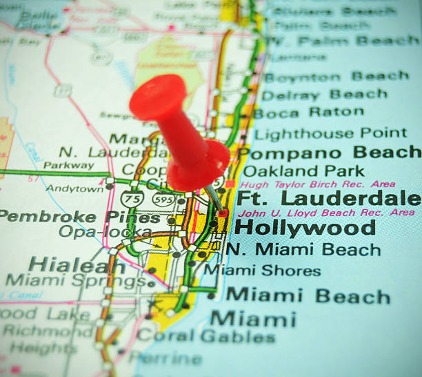 Hollywood Hollywood marked with red push pin on US map map of florida beaches stock pictures, royalty-free photos & images