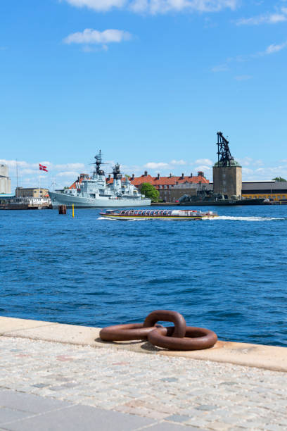 Holmen naval base in Copenhagen, Frigate of Royal Danish Navy moored in the port, Copenhagen, Denmark stock photo