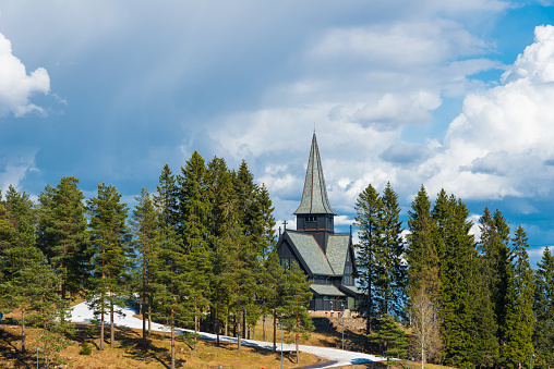 Holmenkollen Chapel in the near of the biathlon track - Oslo, Norway in spring