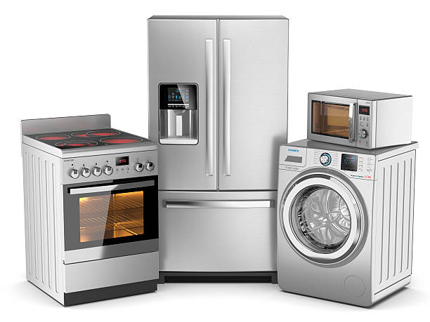 Home appliances Home appliances. Group of silver refrigerator, washing machine, electric stove, microwave oven isolated on white background 3d appliance stock pictures, royalty-free photos & images