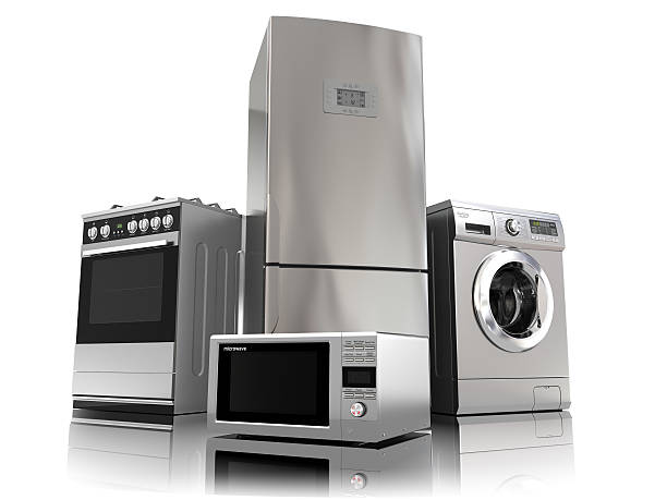 Home appliances. Set of household kitchen technics Home appliances. Set of household kitchen technics isolated on white. Fridge, gas cooker, microwave oven and washing machine. 3d appliance stock pictures, royalty-free photos & images