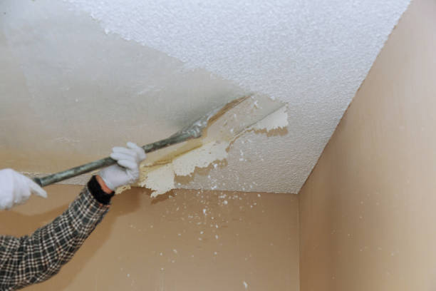 Home ceiling drywall demolition popcorn ceiling texture stock photo