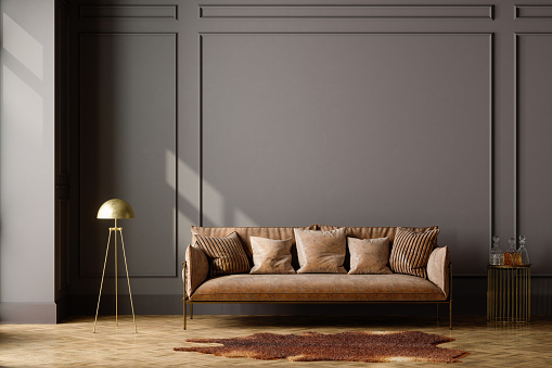 Home Interior With Brown Leather Sofa, Empty Wall And Floor Lamp