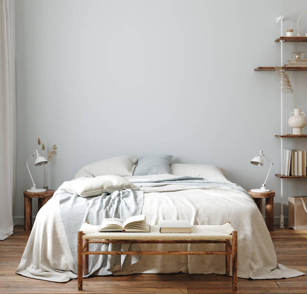 Home mockup, cozy Scandinavian style bedroom interior stock photo