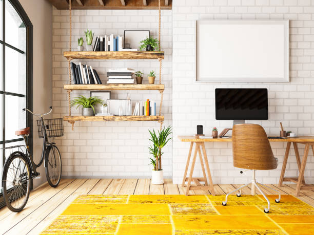 oficina del hogar con lugar de trabajo y bicicleta - furniture for living spaces fotografías e imágenes de stock