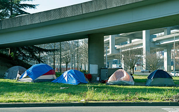 Homeless encampment below freeway in Seattle WA Tents of homeless people below freeway onramp south of downtown Seattle WA homelessness stock pictures, royalty-free photos & images