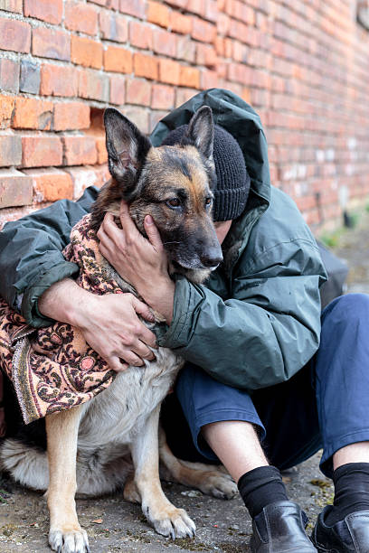 homeless man with his dog stock photo