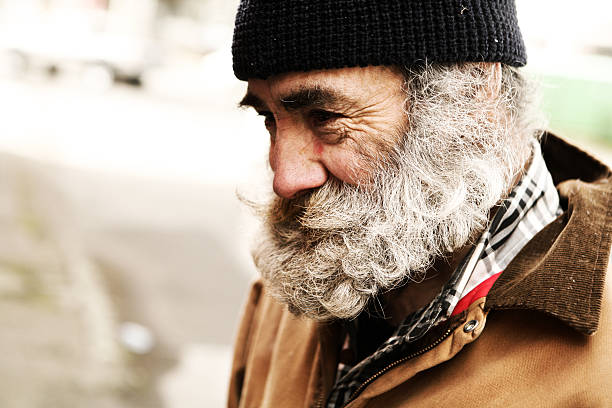 Homeless Older Man Smiling. stock photo