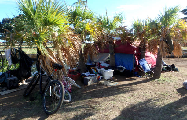 Homeless tent encampment in Ala Moana Beach Park stock photo