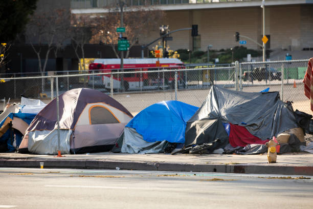 Homelessness A homeless encampment sits on a street in Downtown Los Angeles, California, USA. homelessness stock pictures, royalty-free photos & images