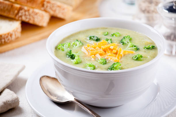 Homemade Broccoli Soup With Cheddar Cheese stock photo