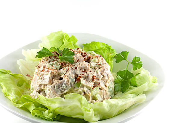 Homemade Chicken Salad Homemade chicken salad on a bed of lettuce. chicken salad stock pictures, royalty-free photos & images