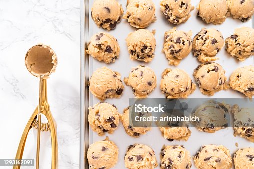 istock Homemade chocolate chip cookies dough scoops on a baking sheet. 1293162091
