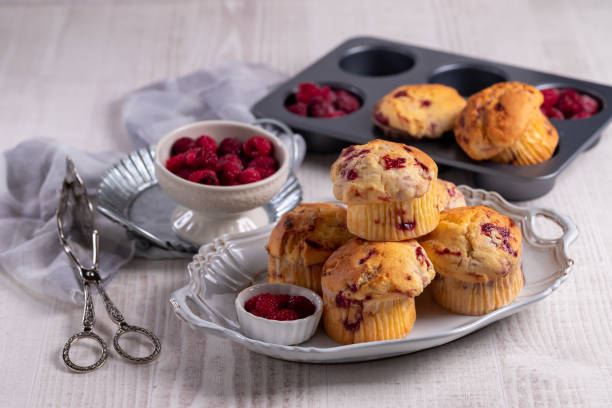 Homemade delicious raspberry muffins stock photo