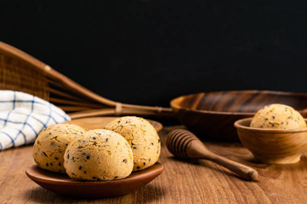 Homemade delicious sesame mochi bun. stock photo