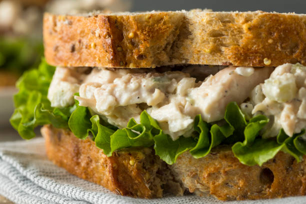 Homemade Healthy Chicken Salad Sandwich Homemade Healthy Chicken Salad Sandwich with Chips chicken salad stock pictures, royalty-free photos & images
