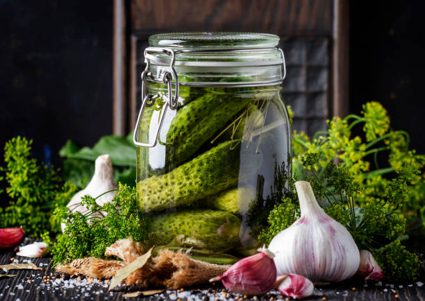 Homemade marinated or pickled cucumbers with dill, garlic and spices Homemade marinated or pickled cucumbers with dill, garlic and spices in big glass jar on rustic brown table, selective focus pickle stock pictures, royalty-free photos & images