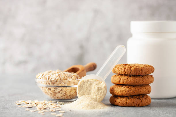 Homemade oat cookies on protein powder. Vegan, diet concept stock photo