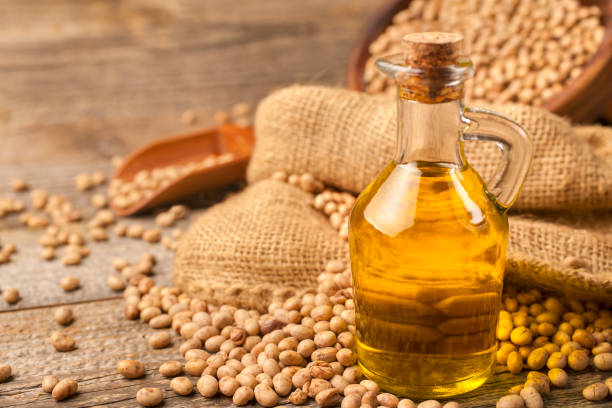 Homemade organically produced soybean oil stock photo
