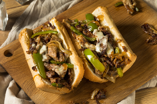 Homemade Philly Cheesesteak Sandwich with Peppers and Beef