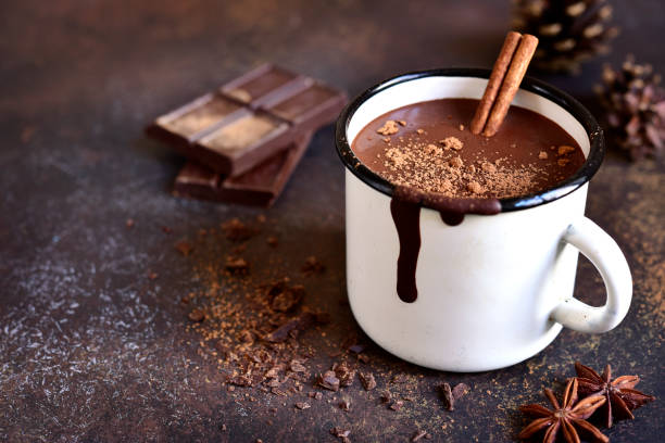 Homemade spicy hot chocolate with cinnamon stock photo