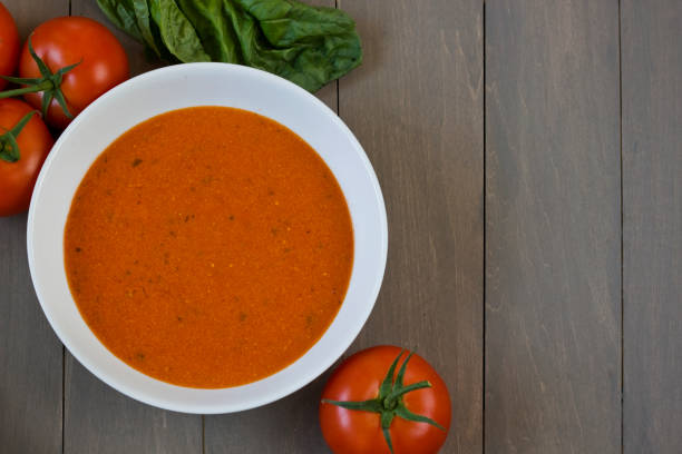 Homemade Tomato Soup Flat Lay stock photo