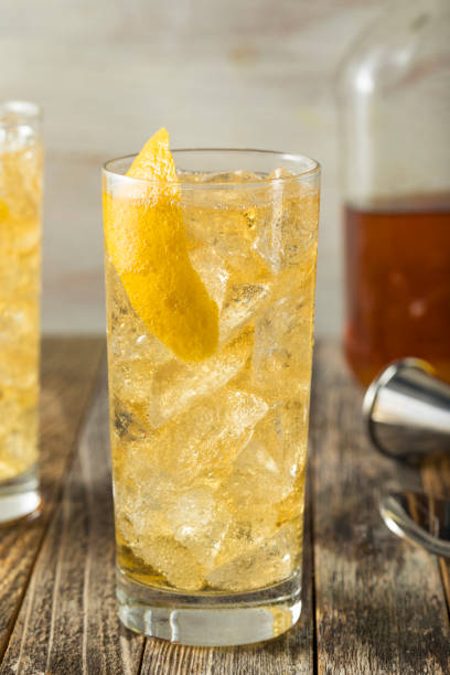Homemade Whiskey Highball with Soda Water Homemade Whiskey Highball with Soda Water and Lemon highball glass stock pictures, royalty-free photos & images