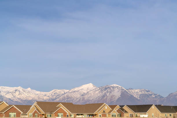 Homes against Mount Timpanogos in Eagle Mountain stock photo