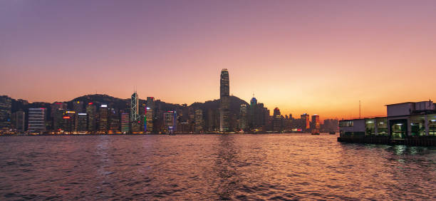 Hong Kong City Skyline with Evening Sun and orange Sky on Sunset stock photo