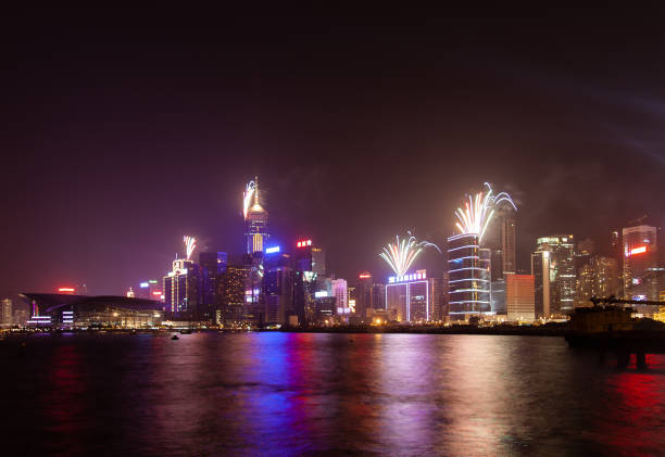 Hong Kong Fireworks over Skyline stock photo