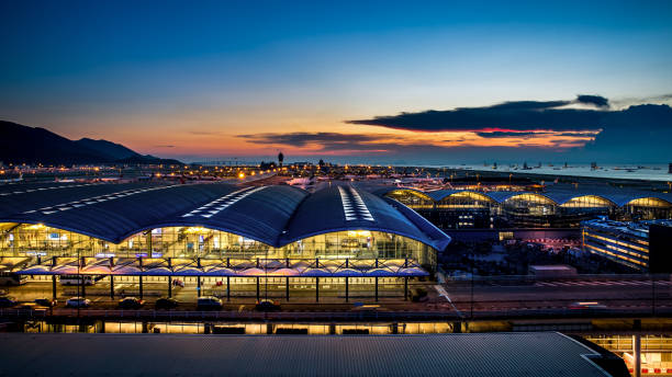 Hong Kong international airport at twilight stock photo