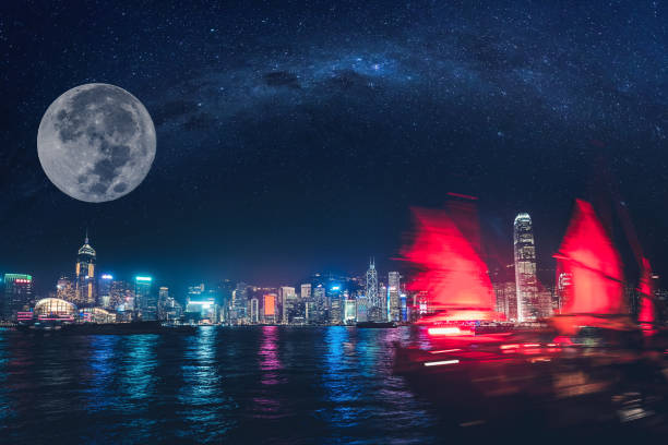 Hong Kong Island and Big Moon stock photo