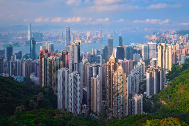 Hong Kong skyscrapers skyline cityscape view Famous view of Hong Kong - Hong Kong skyscrapers skyline cityscape view from Victoria Peak on sunset. Hong Kong, China hong kong photos stock pictures, royalty-free photos & images