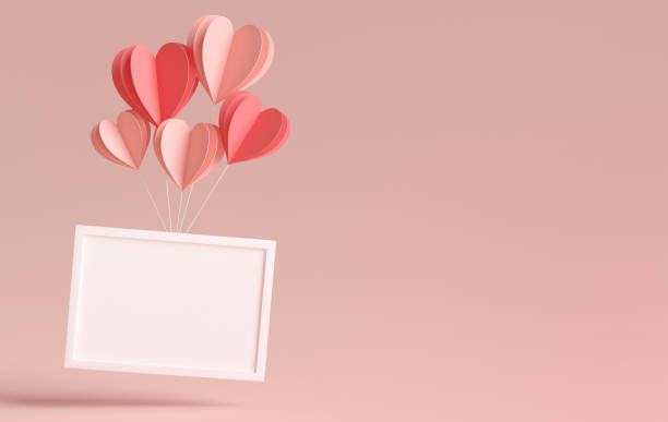 Horizontal white photo frame mockup floating with paper hearts and copyspace for Valentines day in 3D rendering. Elegant illustration wedding image template stock photo