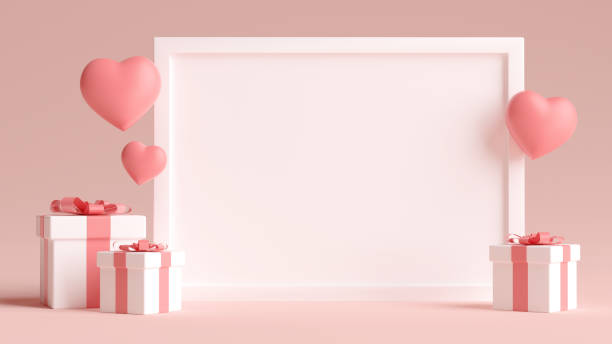 Horizontal white photo frame mockup with hearts, love and gifts for valentines day in 3D rendering. Minimal 3D illustration wedding concept background stock photo
