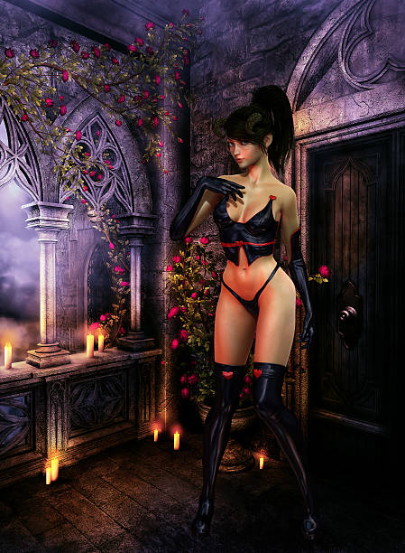 Horned demon girl in rose covered room with candles Demon girl with horns in black leather dress, in thigh-high boots, acting shy in a room full of candles and rambler women in skimpy bathing suits stock pictures, royalty-free photos & images