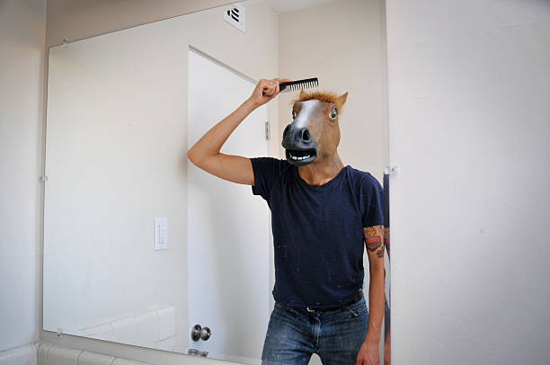 Horse coming hair A horse man combing his mane as he prepares for his day. Shot  is reflected off a mirror in bathroom. horse mask photos stock pictures, royalty-free photos & images