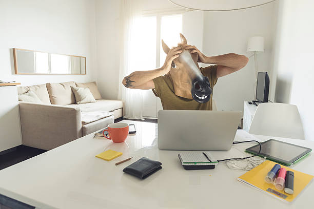 Horse head man working on laptop at home Horse head man working on laptop at home horse mask photos stock pictures, royalty-free photos & images
