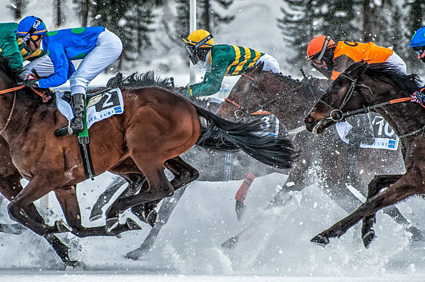 Horserace - White Turf 2009 St.Moritz, Switzerland - Feb. 2th, 2009: All annual horse race on the frozen lake in St.Moritz 2009 stock pictures, royalty-free photos & images