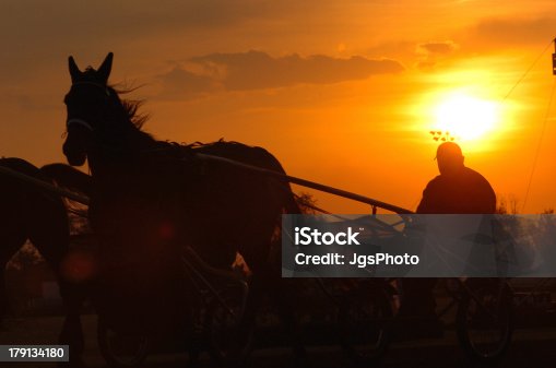 istock Horses pulling a cart at sunrise 179134180