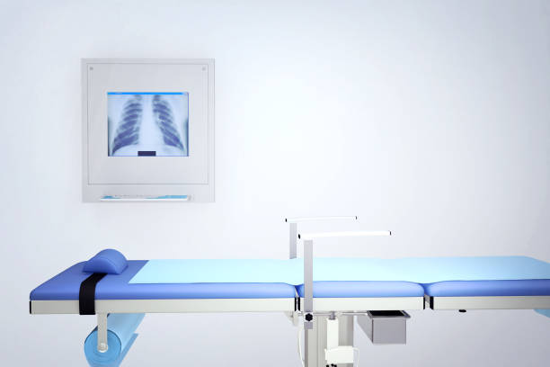hospital bed and chest x-ray film. concept for inspection of patient who recover from covid-19 infection and medical care to heal coronavirus symptoms. chest radiographs. 3d illustration. - doctor wall imagens e fotografias de stock
