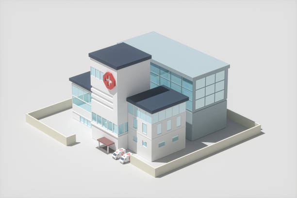 modelo hospitalario con fondo blanco, renderizado 3d - hospital building fotografías e imágenes de stock