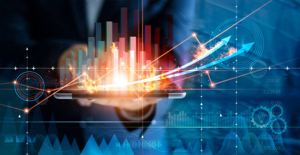 hot business groei. zakenman met behulp van tablet analyseren verkoopgegevens en economische groei grafiek grafiek. bedrijfsstrategie, financieel en bankieren. digitale marketing. - big data stockfoto's en -beelden