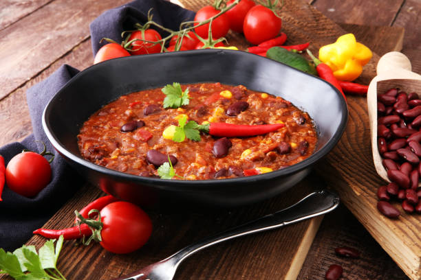 Hot chili con carne - mexican food tasty and spicy stock photo