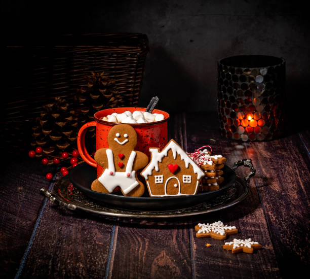 Hot Cocoa and Homemade Gingerbread Cookies on a Platter. stock photo